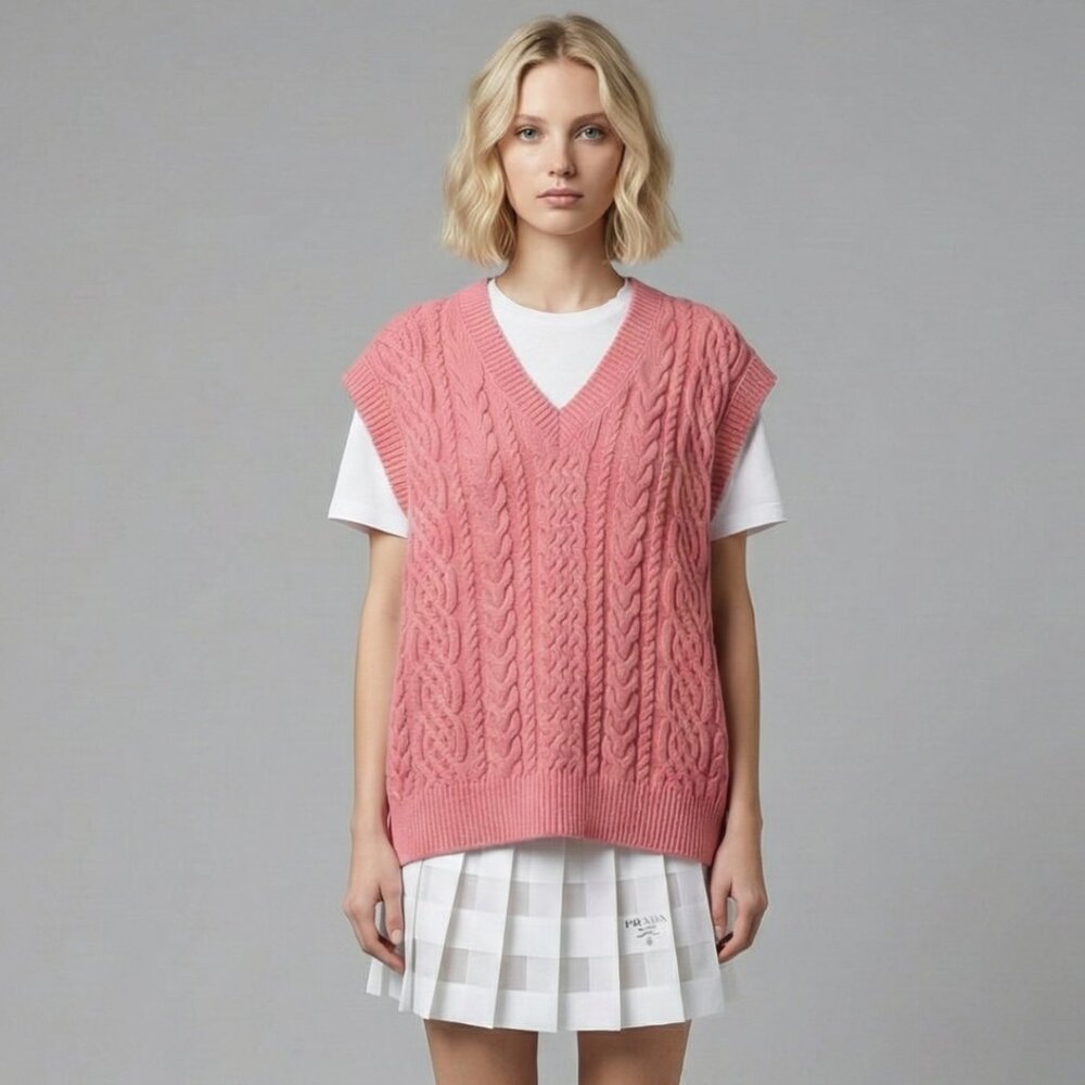 Trendy Pink Cable Knit Oversized Sweater Vest